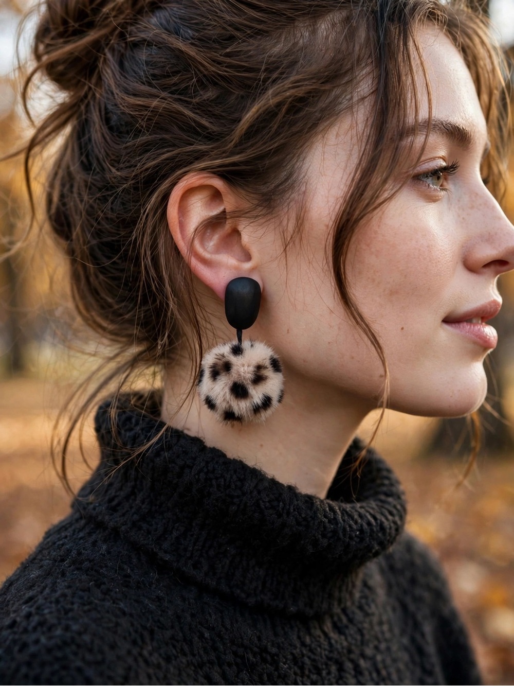 NWT Leopard Print Pom Pom Dangle Earrings Black Wood Studs S925 E100